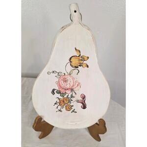 Hand Decorated Apple Shaped Cutting Bd. Antique White Floral Transfer 11x7 Decor